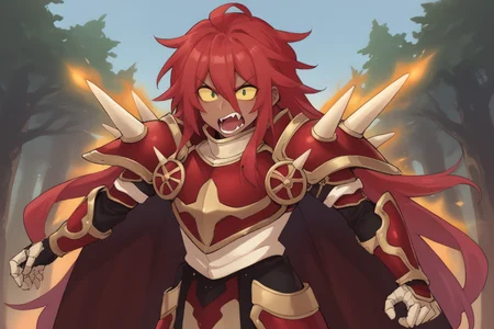 score_9, score_8_up, score_7_up, score_6_up, source_anime, BREAK, <lora:Gulcasa-000012:0.6> , guldef, (dark skin), dark-skinned male, Guldem, fiery aura, (1boy), red hair, long hair, hair between eyes, (yellow sclera), (armor), spikes, shoulder armor, shoulder spikes, cape, red cape, pauldrons, gauntlets, leaping into battle,  (looking at viewer), shouting, angry,  <lora:detailed_backgrounds_v2:0.5> , masterpiece, best quality, very aesthetic, absurdres, forest, outdoors, nature, blue sky,  <lora:Agawa_Ryo_PonyXL:0.5>