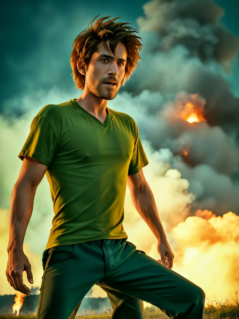 1boy, Shaggy, a man with green shirt, red eyes, spiky hair, brown pants, black shoes, ULTIMAXPOWER_mode, green ghoulish fire, blue shaggy ghost in the background , explosion in the background, masterpiece, highly detailed, 8K, stunning, hdr, (RAW photo:1.2), (photorealistic:1.2),(masterpiece:1.4), <lora:Shaggy-000012:1>