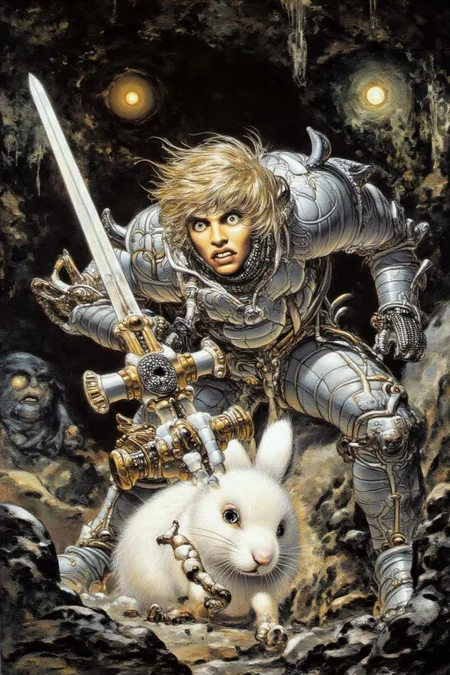 juangimenez1 illustration.
A blonde knight fighting a small white rabbit. The blonde knight, adorned with shining armor and a frightened expression, holds a large sword. Background is an ominous cave, with stalactites hanging from the ceiling and a faint, eerie glow emanating from within. <lora:juangimenez1_cap_d8a4e12:1.0><lora:857662552182632905:0>