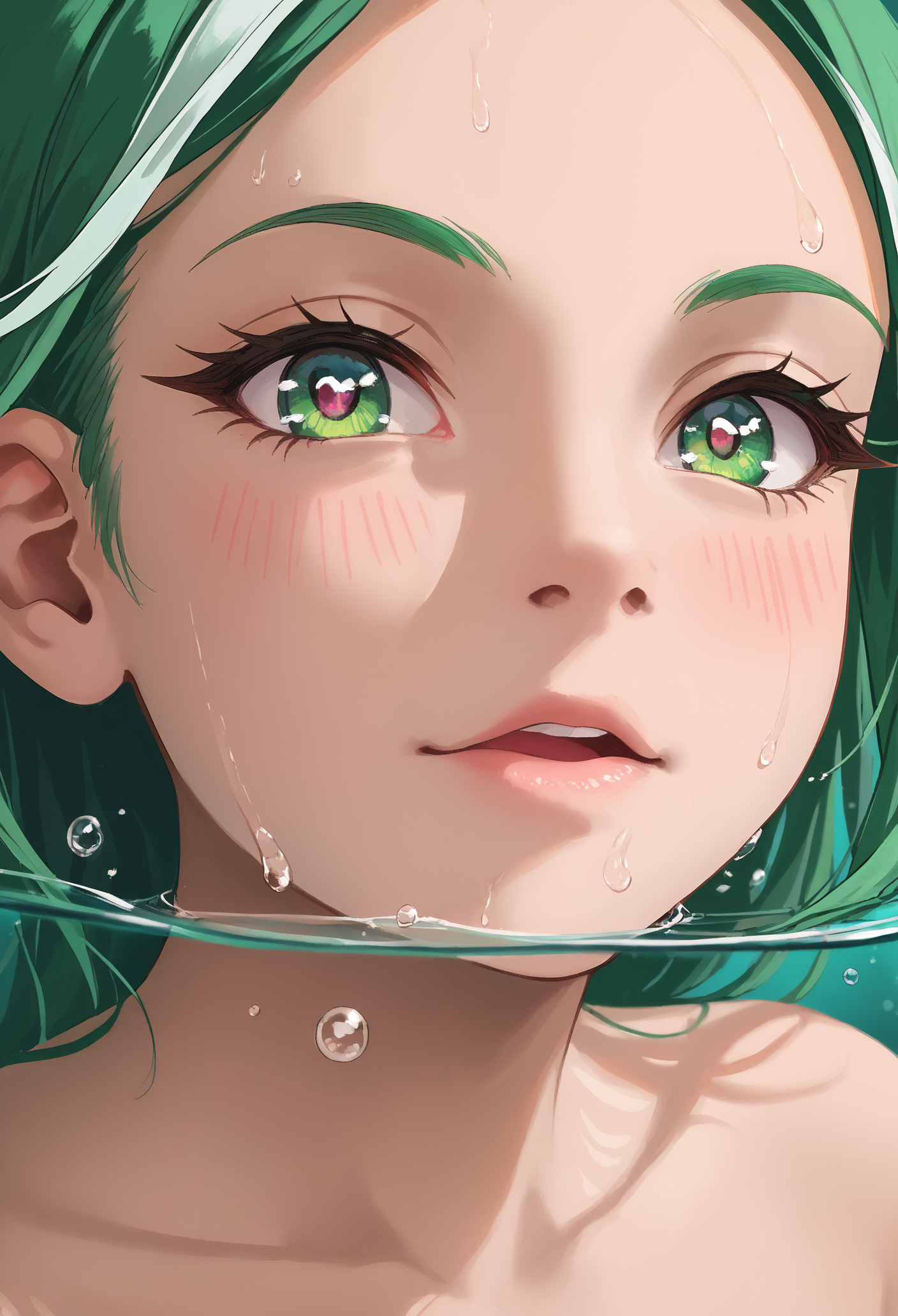 zPDXL2, depth of field, close shot, (three quarter view:0.9), (eye focus:0.9), bokeh, (partially underwater shot:1.2),
sber-chan, green hair, streaked hair, green eyes, single braid, white bow, long hair, wet, covered nipples,
(smile:0.8), swimming, open water,
hairclip, (white one-piece swimsuit:1.1), (see-through:1.2),
sunlight, waves, horizon, blue sky, cloud, open sea,
<lora:add-detail-xl:1.2> <lora:Sber-chan:0.9> <lora:partially_underwater_shot_v0.1-pony:1>