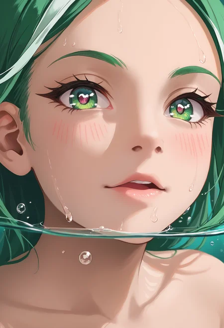 zPDXL2, depth of field, close shot, (three quarter view:0.9), (eye focus:0.9), bokeh, (partially underwater shot:1.2),
sber-chan, green hair, streaked hair, green eyes, single braid, white bow, long hair, wet, covered nipples,
(smile:0.8), swimming, open water,
hairclip, (white one-piece swimsuit:1.1), (see-through:1.2),
sunlight, waves, horizon, blue sky, cloud, open sea,
<lora:add-detail-xl:1.2> <lora:Sber-chan:0.9> <lora:partially_underwater_shot_v0.1-pony:1>