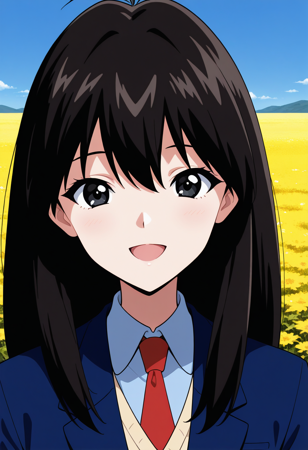 eretzvaju_setsuna, black eyes, black hair, long hair, school uniform, red necktie, blazer, blue jacket, long sleeves, <lora:eretzvaju_setsuna_illustrious_ver1:0.8> 
1girl, solo, (field:1.2), (blue sky:1.2), looking at viewer, smile,, (upper body:1.2), (close-up:1.2), (facing viewer:1.2), (open eyes:1.4), (portrait:1.2), masterpiece, best quality, general,