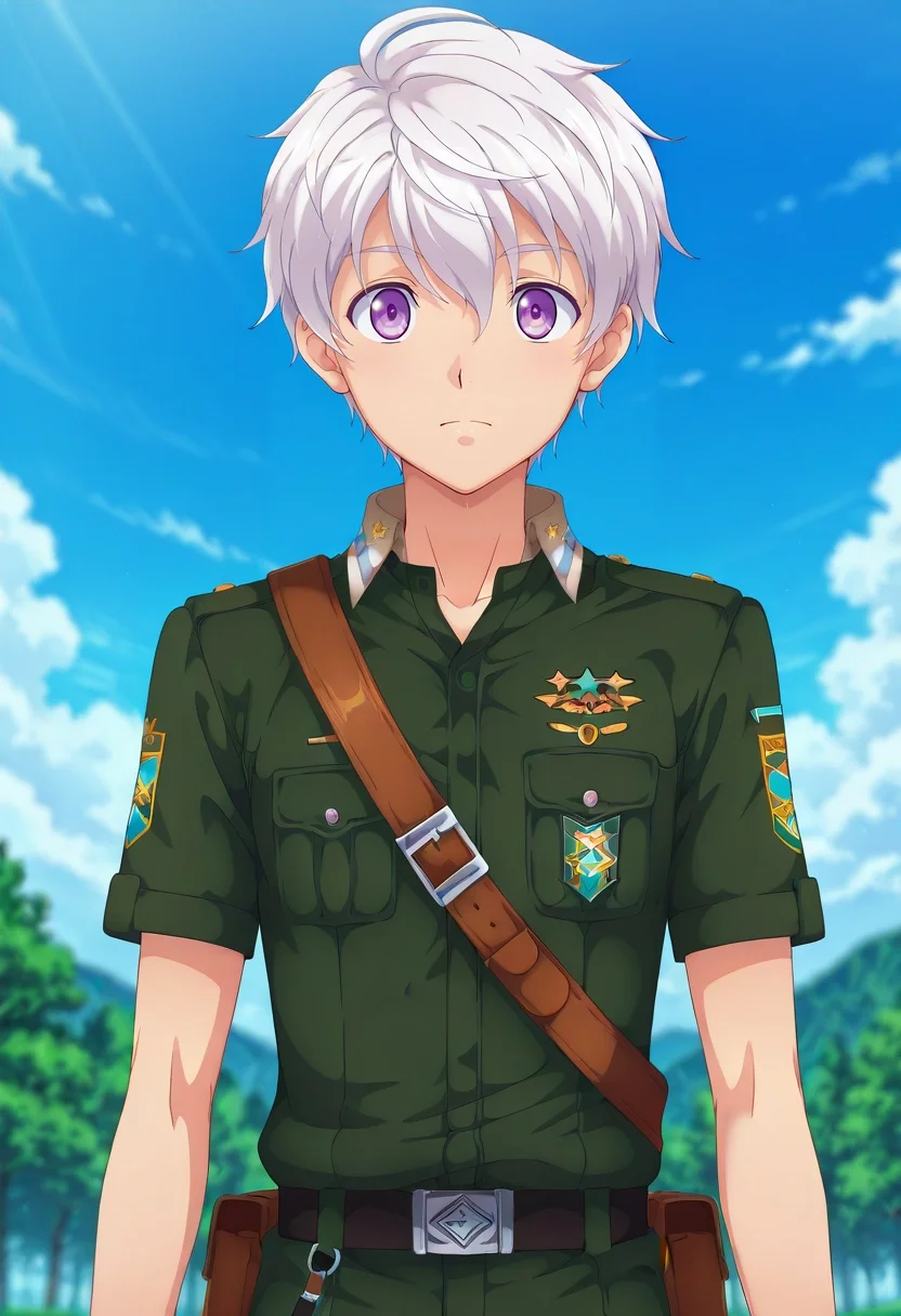 masterpiece, best quality, , anime screencap, , official style, , , 1boy, solo, male focus, <lora:felix_clermont_ilxl:1>, felix_clermont, white hair, purple eyes, ahoge, uniform, ,
