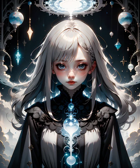 1woman, (gray straight hair:1.3), ((Gloomcore)), dark magical atmosphere, glowing, <lora:GoodHands-vanilla:1>, <lora:AnzhcDreamwave v3_1 watermark fix:0.8>