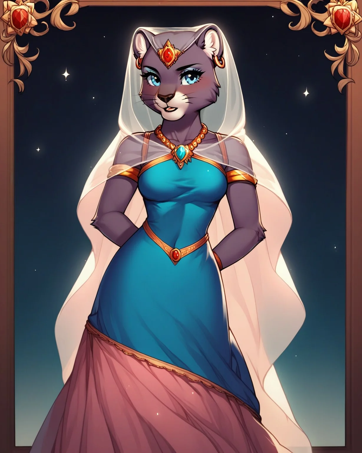 score_9,score_8,score_7,source_furry,
princess_romy, romy_panther,jewel,panther, lion ears, bald, hairless, veil, dress, indian dress, pink and blue dress,
<lora:Princess_Romy_Pony_SDXL:1> princess_romy,