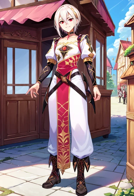 score_9, score_8_up, score_7_up, source_anime, outdoors, village, medieval,
<lora:Rafal_SDXL:1>,RafalFE_SDXL, red eyes, white hair, short hair,hair between eyes,choker,jewelry,white pants,pelvic curtain, boots,smile,