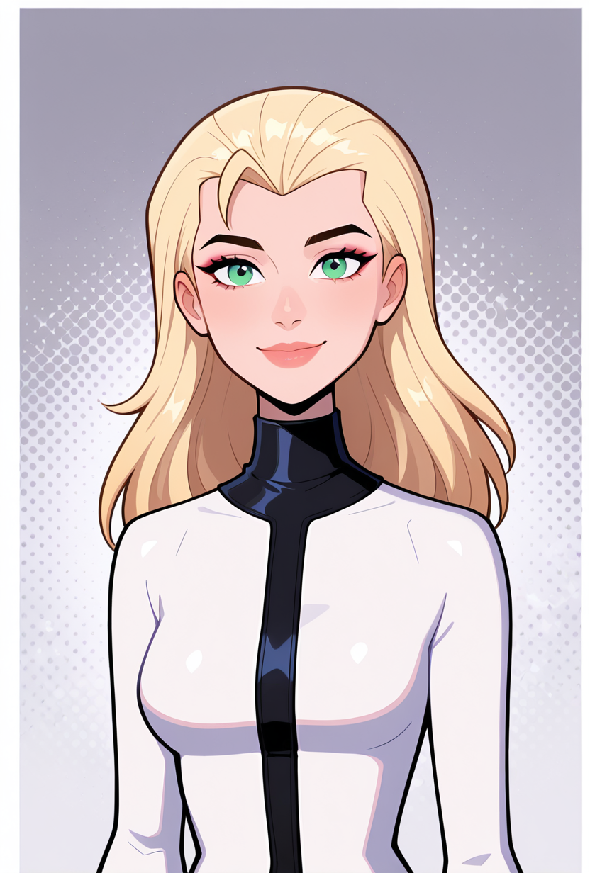 <lora:eunice-06:1> eunice, 1girl, long hair, blonde hair, green eyes, lips, , makeup, grey background, long sleeves, turtle neck, white body suit, black stripe,, smile,  cartoon, screencap, looking at viewer, smile,, upper body, halftone effect, white borders, abstract background:1.2,, masterpiece, best quality, amazing quality, very aesthetic, absurdres, newest,