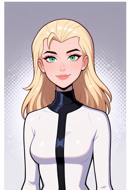 <lora:eunice-06:1> eunice, 1girl, long hair, blonde hair, green eyes, lips, , makeup, grey background, long sleeves, turtle neck, white body suit, black stripe,, smile, cartoon, screencap, looking at viewer, smile,, upper body, halftone effect, white borders, abstract background:1.2,, masterpiece, best quality, amazing quality, very aesthetic, absurdres, newest,