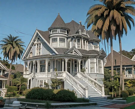 score_9,score_8_up,score_7_up, <lora:Victorian_house_pony_v2:1> v1ct0r14n, tree, 2story, bay windows, blue sky, queen anne, turret, porch, gable, white trim, white siding, palm tree, attic, dormer, architecture
