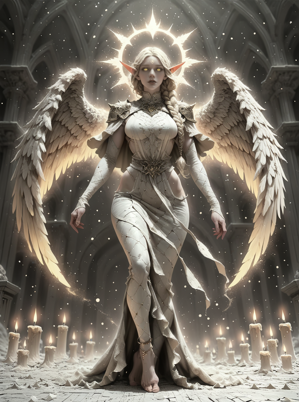 sref7036, full body of elf woman wearing white tabard and red capelet, nose, lips, pauldrons, blonde, single braid, wide hips, legwear, barefoot, anklet, glowing angel wings, glowing halo, yellow eyes, particles, night, dark atmosphere, temple indoors, candles, stained glass windows, solo, glass shards, dynamic pose <lora:sxz-sref7036:0.8>