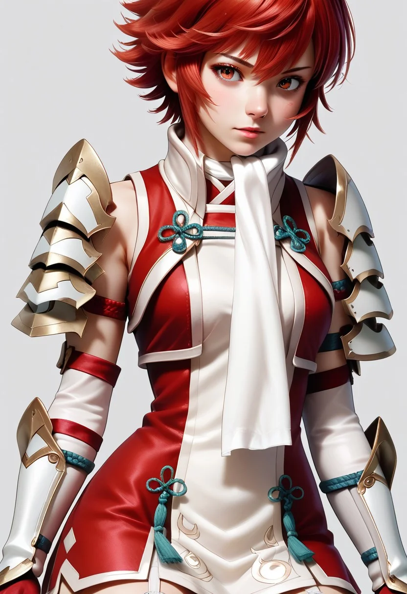 EnD_Hinoka, 1girl, armor, garter straps, gloves, red eyes, red footwear, red eyes, red hair, red thighhighs, scarf, short dress, short hair, shoulder armor, thigh boots, thighhighs, white scarf, half body, portrait, detailed, simple background, solo, BREAK score_9, score_8_up, score_7_up, score_6_up, score_5_up, score_4_up,