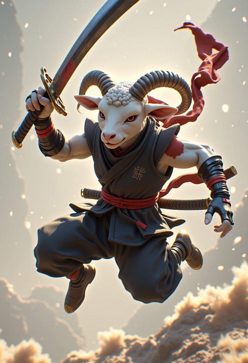 anthropomorphic Lamb ninja warrior leaping about wielding hi samurai sword.