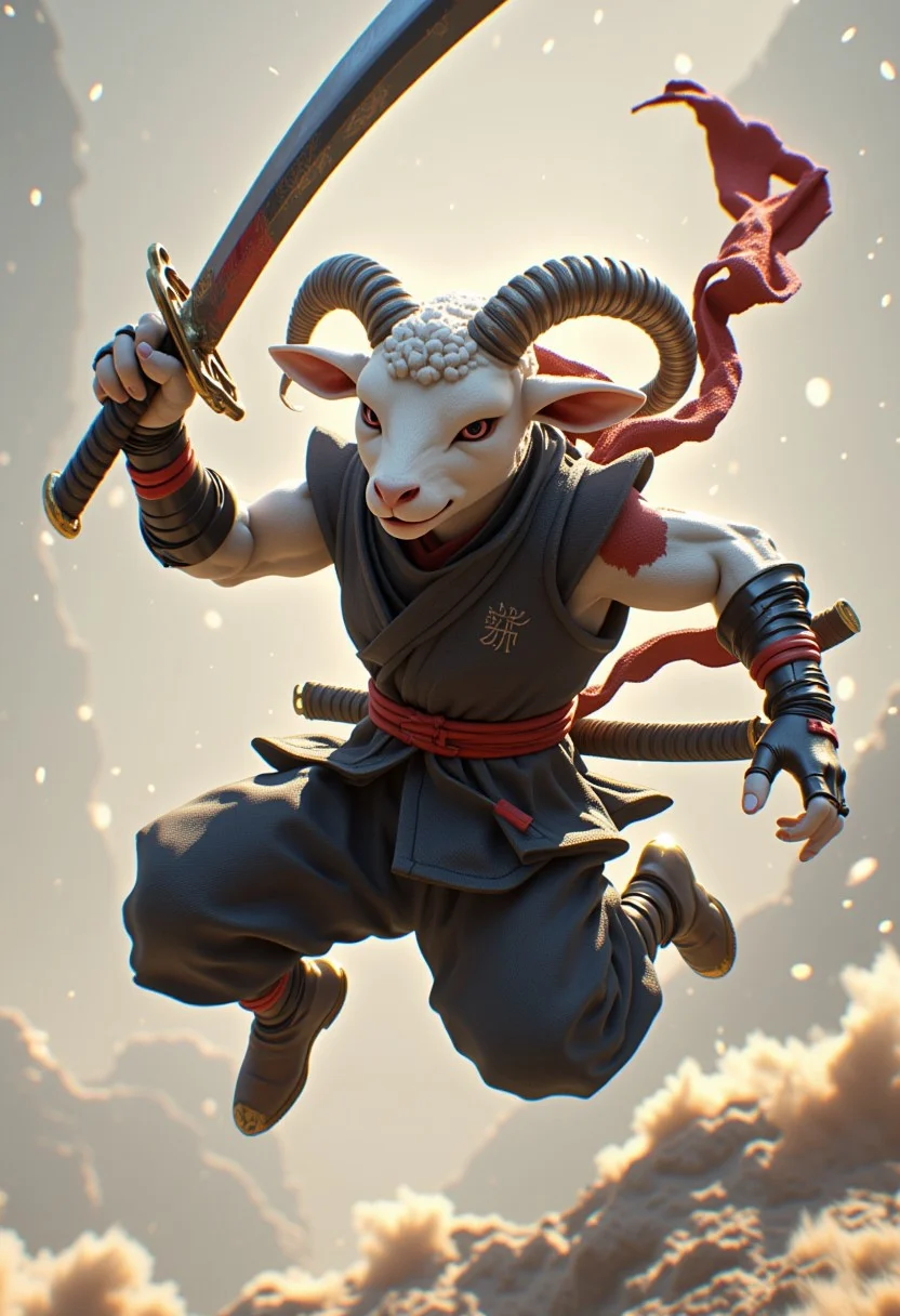anthropomorphic Lamb ninja warrior leaping about wielding hi samurai sword.