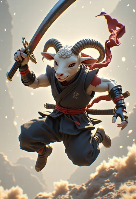 anthropomorphic Lamb ninja warrior leaping about wielding hi samurai sword.