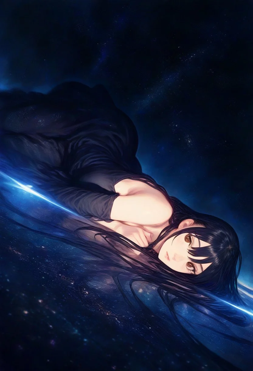 amano yoshitaka, 1girl, (dark dim dramatic atmosphere), 8k portrait of woman with super long black hair, laying on back covered in black hair, brown eyes, intricate, highly detailed, dynamic angle, depth of field, detailed background, space, stars, starlight, digital painting, smooth, sharp focus, ((masterpiece, best quality)), 8k, intricate detail, cinematic lighting, amazing quality, amazing shading, Detailed Illustration, wallpaper, official art