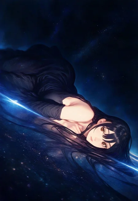 amano yoshitaka, 1girl, (dark dim dramatic atmosphere), 8k portrait of woman with super long black hair, laying on back covered in black hair, brown eyes, intricate, highly detailed, dynamic angle, depth of field, detailed background, space, stars, starlight, digital painting, smooth, sharp focus, ((masterpiece, best quality)), 8k, intricate detail, cinematic lighting, amazing quality, amazing shading, Detailed Illustration, wallpaper, official art