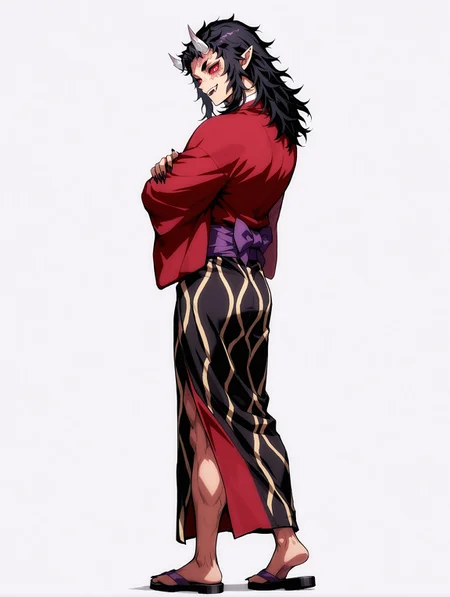 masterpiece, very aesthetic, best quality, solo, amazing quality, fit body, imtdsekidoh, 1boy, male, muscular, long hair, horns, japanese clothes, white pupils, kimono, black hair, pointy ears, red eyes, colored sclera, demon boy, red sclera, oni horns, long sleeves, scar, wide sleeves, sharp fingernails, purple sash, black nails, sandals, full body, from behind, crossed arms, looking back, smile, fangs, looking at viewer, beautiful background

