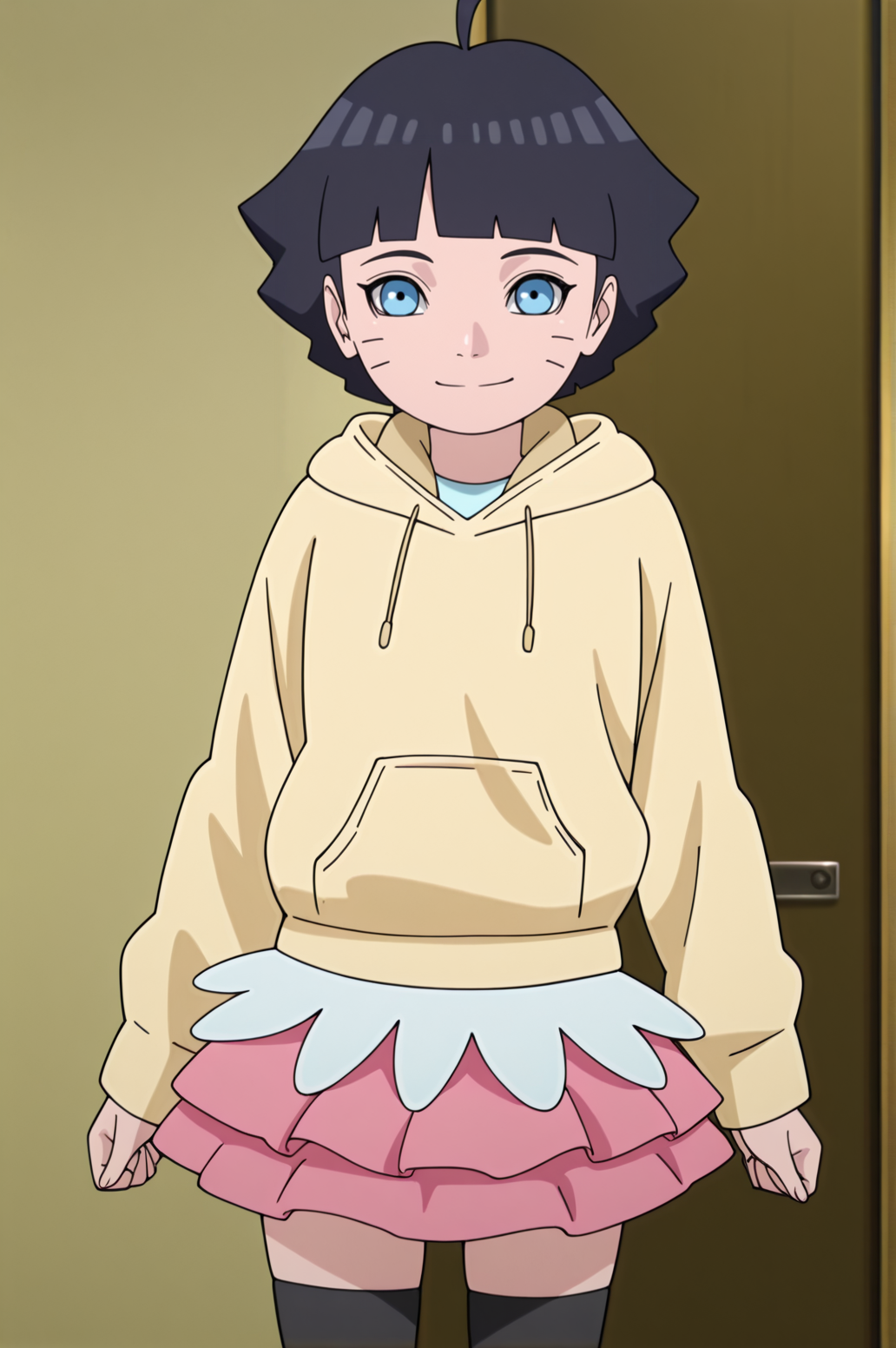 masterpiece, best quality, absurdres, highres, very aesthetic, very awa, BREAK, anime coloring, anime screencap,
 <lora:uzumaki_himawari_v2-illustrious_r1:1>,1girl, uzumaki himawari, boruto: naruto next generations, black hair, whisker markings, short hair, ahoge, blue eyes,
BREAK, looking at viewer, smile, 
BREAK, himaout, hoodie, pink skirt, layered skirt, black thighhighs, zettai ryouiki,