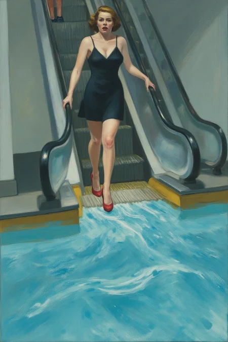 edwardhopper1 painting. 
A woman in a chic little black dress and red high heels, gracefully descending an escalator. She wears black lipstick and is screaming. The escalator leads downwards into a pool of rippling blue water.  <lora:edwardhopper1_cap_d8a4e11:1.0><lora:847399485163229683:0>