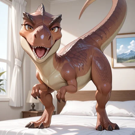1girl, highres, absurdres, newest, masterpiece, best quality, furry, furry_female, Mommatrex_ia, dinosaur, brown scales, tail, claws, brown eyes, (bipedal, feral, tiny arms:1.3), detailed eyes, (standing, on two legs), open_mouth, open mouth smile, luxurious detailed room, bright room, day scene, professional lighting, white bed, solo, bedroom, smiling, seductive, looking_at_viewer, masterpiece, close up, safe
