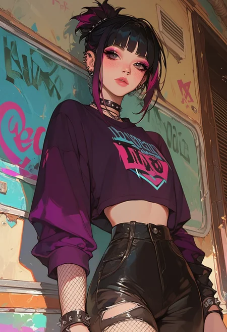 score_9, score_8_up, score_7_up, score_6_up, score_5_up, score_4_up, aesthetic, newest, 1girl, solo, emo style, cute face, beautiful girl, kawaii, bangs, black hair, long eyelashes, petite body, emo clothes style, punk style, semi-realism, graffiti signs, holographic billboards and other cool stuff, dynamic angle, cute pose, freckles, 18yo girl, fishnet, high waist pants,