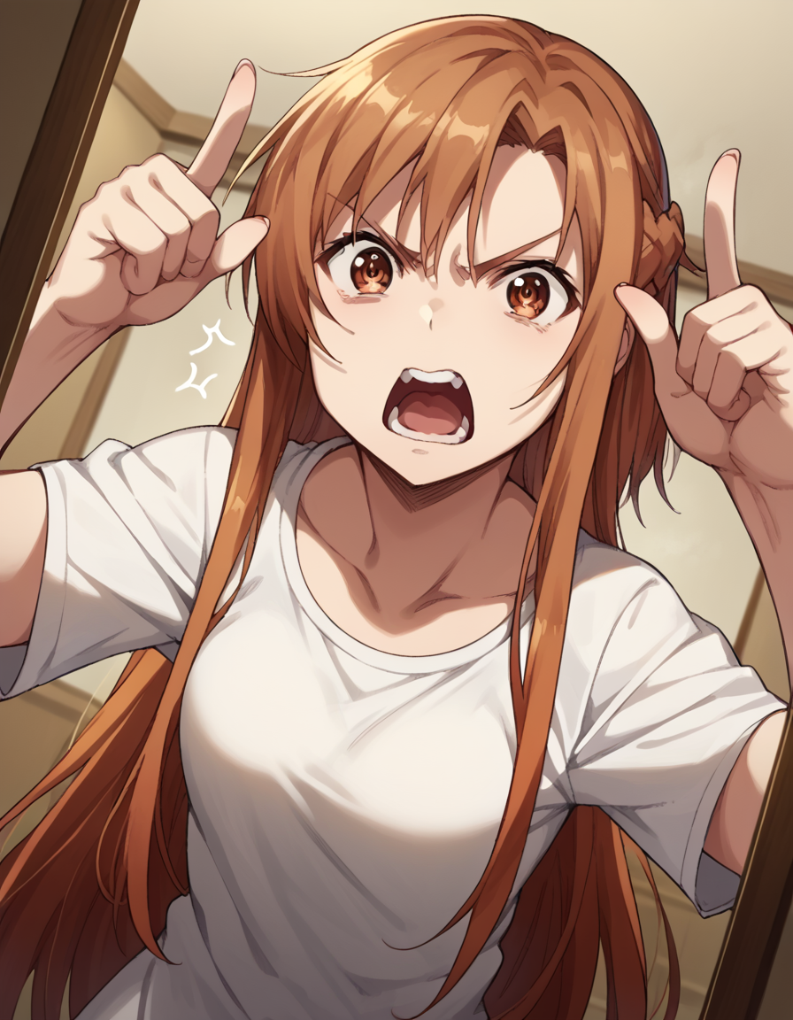 score_9, score_8_up, score_7_up, source_anime, asunayuuki, <lora:asuna-yuuki-s1-ponyxl-lora-nochekaiser:1>, asuna yuuki, long hair, brown hair, brown eyes,, <lora:horns-pose-ponyxl-lora-nochekaiser:1>, horns pose, index fingers raised, angry, steam, open mouth, shouting, anger vein,, indoors,, cowboy shot, dutch angle, looking at viewer,