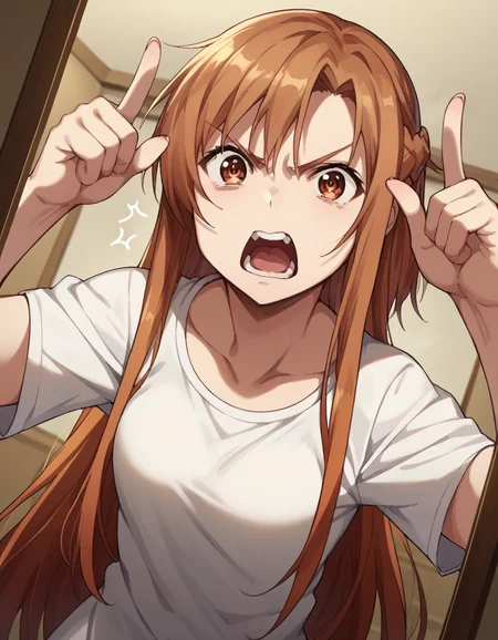 score_9, score_8_up, score_7_up, source_anime, asunayuuki, <lora:asuna-yuuki-s1-ponyxl-lora-nochekaiser:1>, asuna yuuki, long hair, brown hair, brown eyes,, <lora:horns-pose-ponyxl-lora-nochekaiser:1>, horns pose, index fingers raised, angry, steam, open mouth, shouting, anger vein,, indoors,, cowboy shot, dutch angle, looking at viewer,