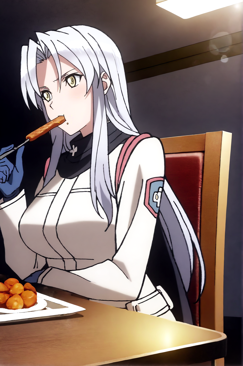masterpiece, best quality, dark grey background, indoors, cinematic lighting, lens flare, amazing quality, very aesthetic, absurdres, best quality, newest, year 2023,  Mikoto Kiba, Killer outfit, chair, eating, food, general, indoors,  <lora:JN_Mikoto_Kiba_Illus:0.8>