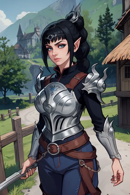 1girl, (solo:1.2), (masterpiece:1.2), (best quality:1.2), (perfect anatomy:1.4), (scoling the viewer:1.1), (visible sigh:1.4)
<lora:Lack [MockAi - v1.0]:0.7> lack, anime style, pastel colors, thick semi-traditional lineart, (large breasts:1.2), (cowboy shot:1.2) <lora:Baldurs Gate 3 - Shadowheart [Konan - v1.0]:0.9> shadowheart, black hair, braided ponytail, circlet, elf, pointy ears, (pants:1.2), (armor:1.3), (medieval village:1.2), (thatched roofs:1.2), day, blue sky, mainstreet, mudpath, unpaved road,