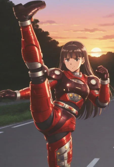 anime screencap, anime coloring,
solo, 1girl, cowboy shot
dark hair, long hair, blunt bangs dark eyes looking at viewer, medium breasts, smile, (covered neck), BREAK
r3ddle, robot, solo, armor, bodysuit, belt, gloves, high kick, kicking, shining,
outdoors, road, sunset, dramatic lighting
<lora:DetailedPerfect_hands_r1:1> <lora:coveredneck_v1-000006:0.8>