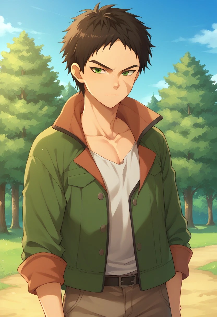 score_9, score_8_up, score_7_up, source_anime, highly detailed, 
aston, 1boy, male focus, solo, black hair, scar, green eyes, annoyed, upper body, jacket, green jacket, standing, pants, slender, light smile, shy,
outdoor, sky, trees