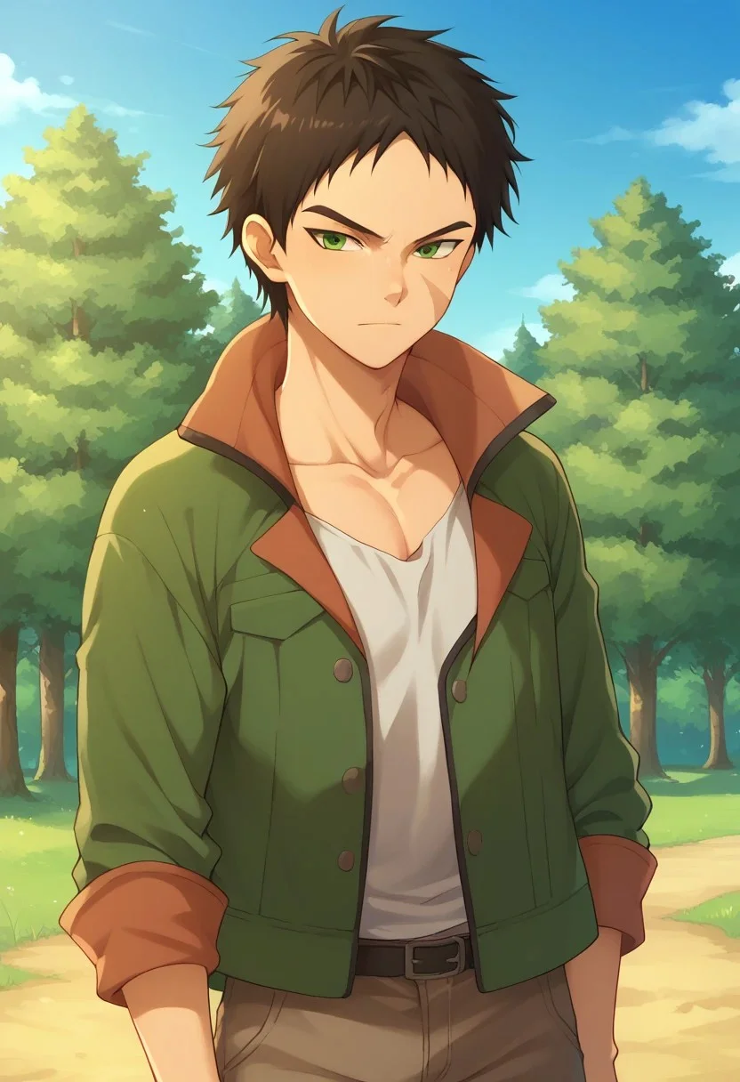 score_9, score_8_up, score_7_up, source_anime, highly detailed, 
aston, 1boy, male focus, solo, black hair, scar, green eyes, annoyed, upper body, jacket, green jacket, standing, pants, slender, light smile, shy,
outdoor, sky, trees