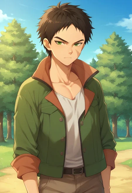 score_9, score_8_up, score_7_up, source_anime, highly detailed, 
aston, 1boy, male focus, solo, black hair, scar, green eyes, annoyed, upper body, jacket, green jacket, standing, pants, slender, light smile, shy,
outdoor, sky, trees