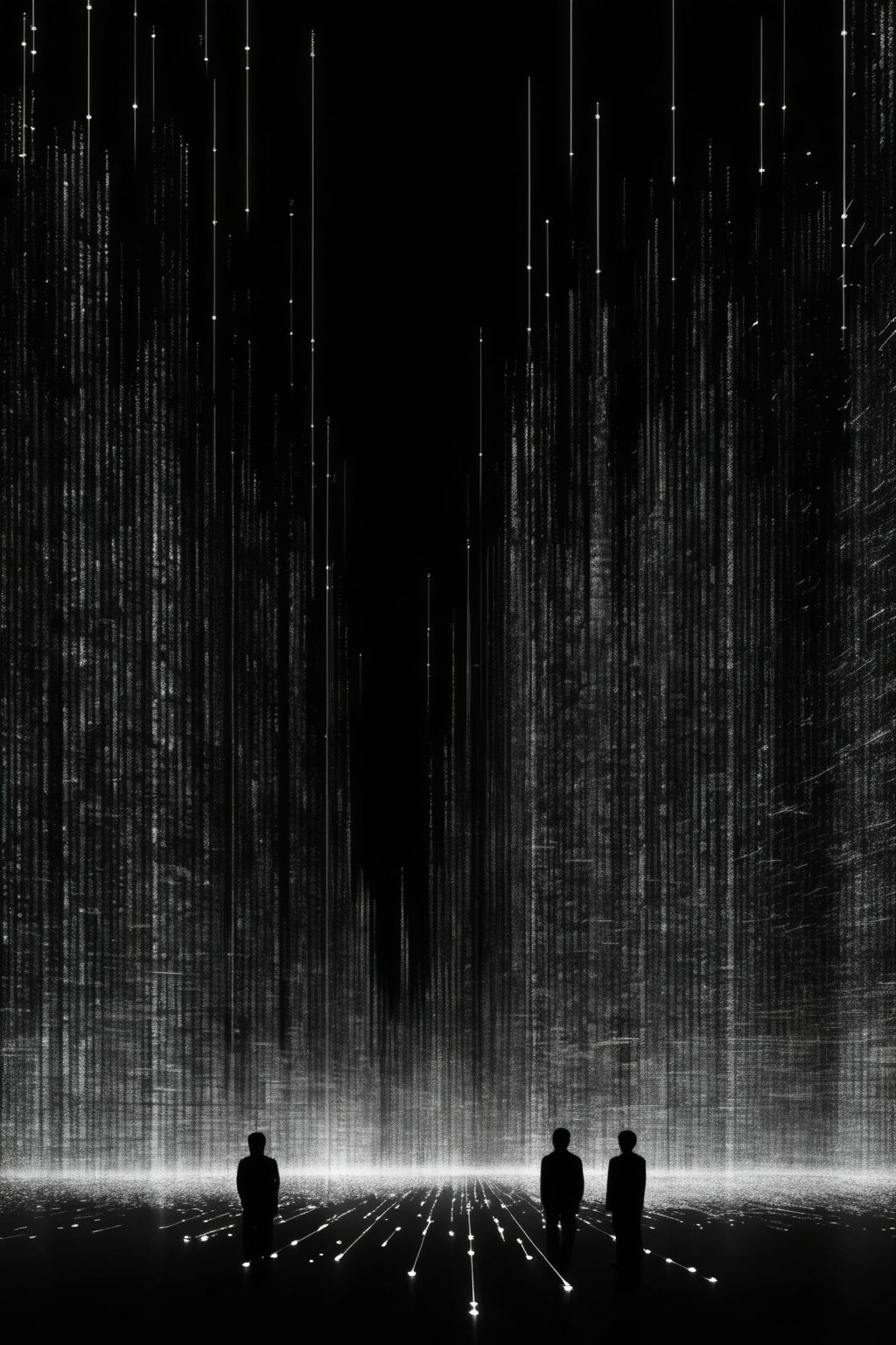 <lora:Ryoji Ikeda Style:1>Ryoji Ikeda Style - Resonance in the style of Ryoji Ikeda, Toshio Iwai, and Mariko Mori grid of fine, vertical white lines against a deep black background giving an impression of a digital, interactive Aurora Borealis futuristic symbols and characters