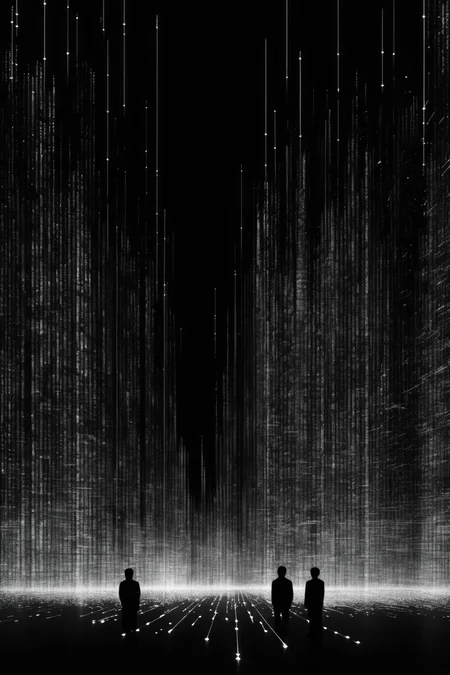 <lora:Ryoji Ikeda Style:1>Ryoji Ikeda Style - Resonance in the style of Ryoji Ikeda, Toshio Iwai, and Mariko Mori grid of fine, vertical white lines against a deep black background giving an impression of a digital, interactive Aurora Borealis futuristic symbols and characters