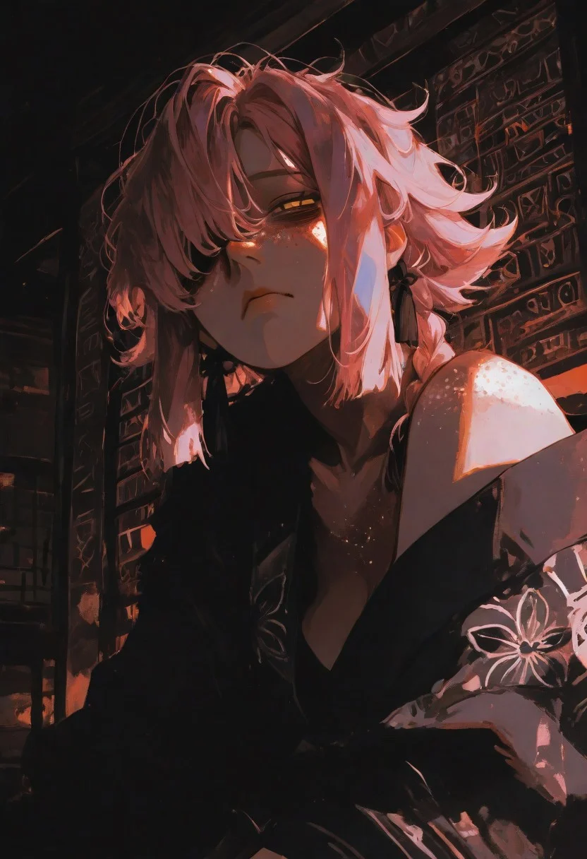 masterpiece,best quality,amazing quality,very aesthetic,newest,ultra detail, (score_9,score_8_up,score_7_up,score_6_up,rating_safe),hyper-detailed,ultra HD,cinematic lighting,(maeve:2.0),young with an asymmetrical hairstyle,(one eye covered by hair), (head tilted back), (chin raised), (neck exposed), (looking upward), (asymmetrical bangs),(long braids:1.2) ,(looking at viewer:1.5),(pink hair:1.5),(deep emotional connection:1.4),(detailed facial features:1.4),(no fusion,no deformities,correct anatomy:1.5),sexy pose,dynamic pose,(yellow eyes:1.5), (glowing eyes:1.5),(Cat pupils:2.0),Detailed eyes, (white freckles),(glowing freckles:2.0),wild and swaying hair, small breasts,(bare shoulder:1.5),(Hanging breasts),(black kimono:1.5),kimono open,(cleavage),(Tired expression:2.0),(dark circles under the eyes:2.0), (Sleeping face:1.5),(deeply distressed:1.5),(squinting eyes:1.5),tabi,Calf,plump lips,(Sitting:1.5),side locks,makeup,floral print,(front-facing, direct view:1.5),(closeup eyes:2.0, eye focus:1.8),Warm crimson ambient light, light that illuminates maeve dimlylight,<lora:illustrious_all_rated_v1:0.5><lora:ppw_v7_noobE11_6_r2_0.05:0.6><lora:nhl-001:0.6> nhl-001,limited palette,realistic,BREAK
Japanese house, Moody lighting,<lora:wasabi_natsume_style_r1:0.8> wasabi_natsume_illu,abstract, surreal,<lora:748cm_illu:0.4> 7481llu