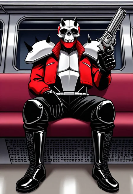 DedSeck,1boy,black gloves,red jacket,skull mask with horns,helmet,armor,black boots,shoulder_spikes
Dedseck sitting in a train car while holding a revolver