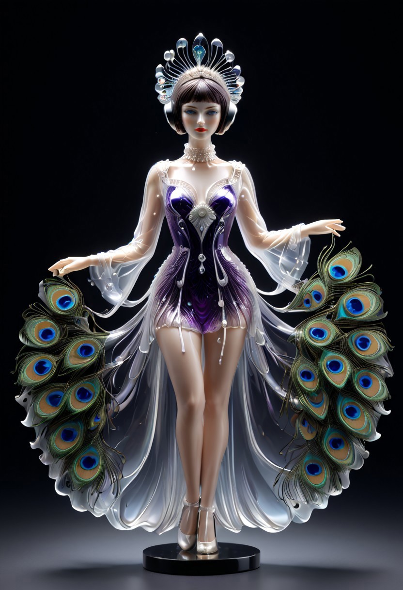 murano_glass_style, girl,1wa0, priestess, inaLoungewear, short hair, purple hair, bob cut, blunt bangs, pointy ears, blue eyes, mole under eye, hairclip,  white t-shirt, print shirt, headphones around neck, short shorts, black shorts, barefoot,, dark highlights hair, white veil, red eyes, tears, emotionless expression, choker, neon purple see-through silk jacket, neon-purple Peacock gown, see-through silhouette, white thighhighs, standing, wind, field of black flowers, flower petals flying, night time, from above, BREAK masterpiece, best quality, ultra-detailed, very aesthetic, sharp focus, depth of field, vibrant colors, ray tracing, best lighting, detailed illustration, detailed background, cinematic, beautiful face, beautiful eyes, blum effect, highly detailed, ambient occlusion, intricate cinematic neon background, best lighting, sharp focus, galaxy background, nebula, stars, neon space