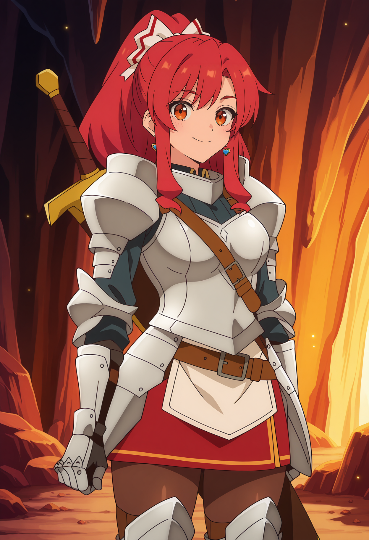 anime screencap, masterpiece, best quality,
<lora:ARankParty(Aparida)_Marina_IlluXL:0.9>,
1girl, closed mouth, smile, blush,
high ponytail, red hair, orange eyes, hair bow, white bow, heart earrings,
MarinaArmorOne, dark blue shirt, pauldrons, plate armor, medium breasts,
strap between breasts, sword on back,
faulds, gauntlets, brown belt, white apron, miniskirt, red skirt, brown pantyhose, greaves,
standing, looking at viewer, cowboy shot,
cave, dark