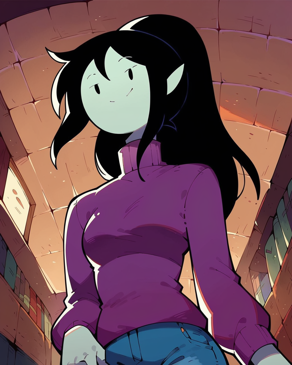 score_9, score_8_up, score_7_up, 1girl, no nose, solo, Marceline, ponytail, smile, line mouth, looking at viewer, purple sweater, turtleneck, dynamic angle, indoors, <lora:Marceline_PDXL_V2:1>