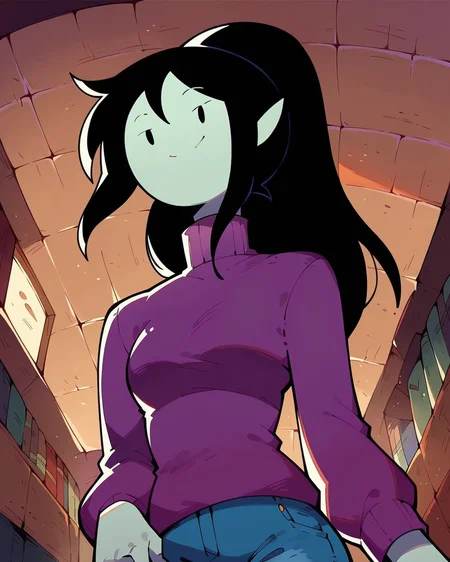 score_9, score_8_up, score_7_up, 1girl, no nose, solo, Marceline, ponytail, smile, line mouth, looking at viewer, purple sweater, turtleneck, dynamic angle, indoors, <lora:Marceline_PDXL_V2:1>