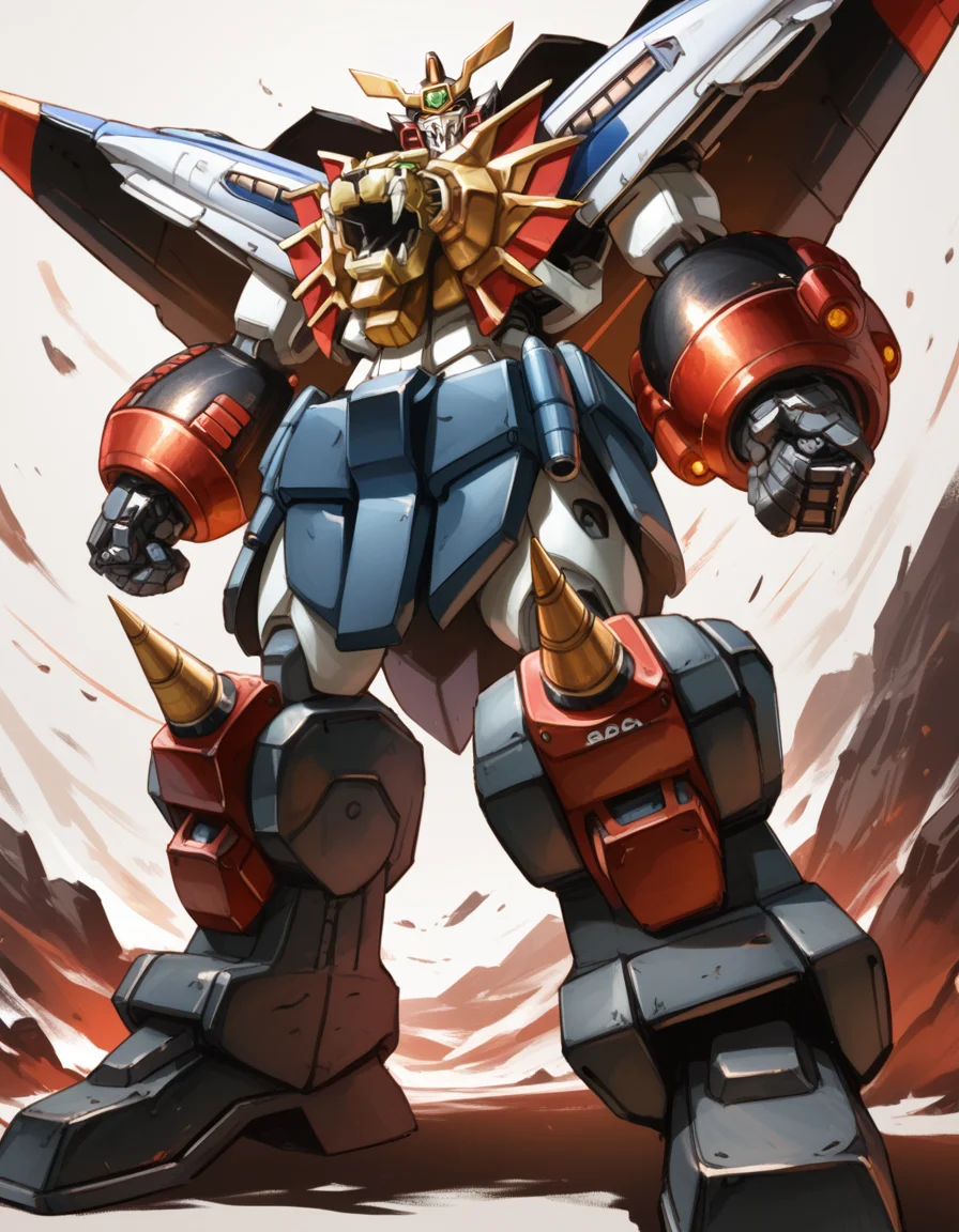 (score_9:0.9),score_8_up,score_7_up,rating_safe,(zPDXL3),(zPDXL),anime_style,
<lora:GaoGaiGar girl ponyXL v1:0.9>,
gaogaigar,no humans,super robot,solo,glowing eyes,clenched hands,science fiction,looking at viewer,v-fin,from below,full body,
