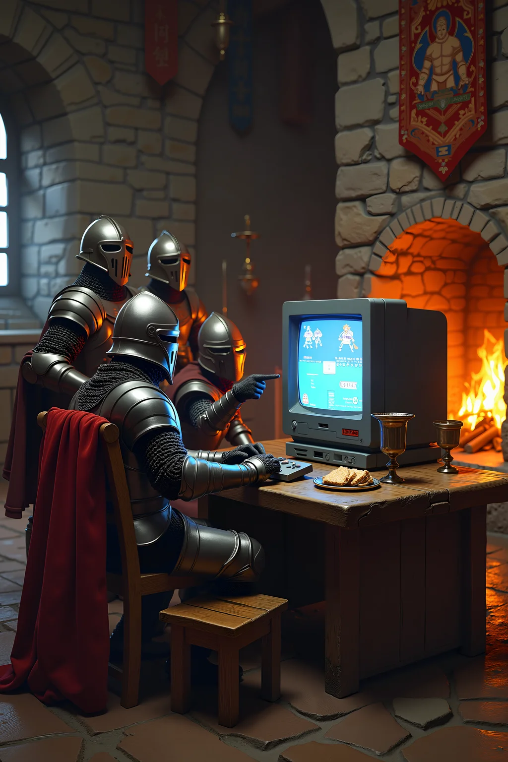 A humorous scene featuring a group of medieval knights gathered around a Super Nintendo Entertainment System (SNES) console, intensely focused on playing a classic video game. The knights, still dressed in full armor, sit awkwardly on an assortment of mismatched wooden chairs and stools, with their swords and shields leaning against the wall. One knight, with his visor up, furiously mashes buttons on an ancient-looking controller, his armored fingers clinking against the plastic. Another knight leans in, squinting at the old CRT television screen that shows a pixelated game in bright, nostalgic colors. A third knight, standing behind the others, points at the screen with a gauntleted hand, shouting advice or cheering on the player.
The scene is set in a stone-walled medieval chamber, with tapestries hanging on the walls and a large, roaring fireplace casting a warm glow. The SNES console, looking hilariously out of place, sits on a rough-hewn wooden table next to a chalice and a plate of bread. The combination of ancient and modern elements creates a funny contrast, with the knights’ serious expressions and clunky armor adding to the absurdity of the situation. The lighting is cozy and soft, highlighting the blend of medieval and 90s nostalgia in this playful and unexpected mashup.