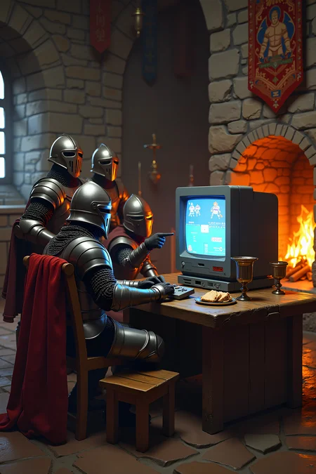 A humorous scene featuring a group of medieval knights gathered around a Super Nintendo Entertainment System (SNES) console, intensely focused on playing a classic video game. The knights, still dressed in full armor, sit awkwardly on an assortment of mismatched wooden chairs and stools, with their swords and shields leaning against the wall. One knight, with his visor up, furiously mashes buttons on an ancient-looking controller, his armored fingers clinking against the plastic. Another knight leans in, squinting at the old CRT television screen that shows a pixelated game in bright, nostalgic colors. A third knight, standing behind the others, points at the screen with a gauntleted hand, shouting advice or cheering on the player.
The scene is set in a stone-walled medieval chamber, with tapestries hanging on the walls and a large, roaring fireplace casting a warm glow. The SNES console, looking hilariously out of place, sits on a rough-hewn wooden table next to a chalice and a plate of bread. The combination of ancient and modern elements creates a funny contrast, with the knights’ serious expressions and clunky armor adding to the absurdity of the situation. The lighting is cozy and soft, highlighting the blend of medieval and 90s nostalgia in this playful and unexpected mashup.