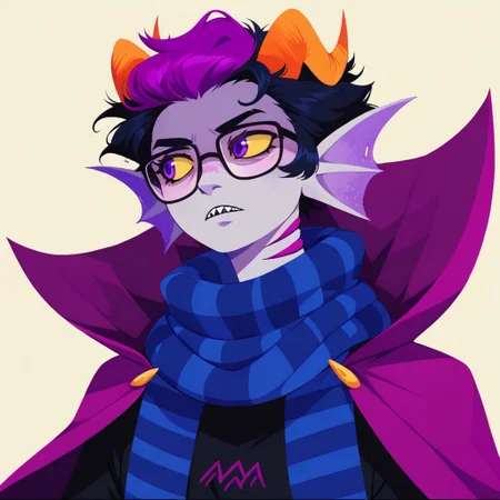 ((score_9, score_8_up, score_7_up)), masterpiece, jewelry, gold rings, violet cape, high collar, striped blue scarf, hipster glasses, black turtleneck, aquarius \(symbol\), striped blue pants, looking away, solo, solo focus, colored skin, gray skin, violet eyes, yellow sclera, violet stripe in hair, short hair, black hair, horns, wavy horns, sharp teeth, gills, head fins, 1boy, Eridan Ampora, , <lora:cef6c9c2-d4b5-4cf4-8bfb-1813edb106df:0.8>, <lora:cefaa866-a58e-40ba-a219-79ab392f7d60:0.2>