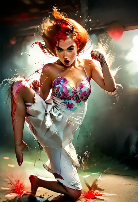 score_9, score_8_up, score_7_up, score_6_up, score_5_up, score_4_up,
BREAK
picture-perfect, best quality, detailed shading, depth_of_field, cinematic lighting, (cowboy view),
BREAK
1girl, kim_pos_V2, kim_pos_V2_face, kim_pos_V2_body, long red hair, 18 years old, (stunning green eyes), (skin detail, freckles, moles on skin:1.4), ((red hair:1.5))
BREAK
1boy, ninja, ninja outfit, shadowed, fighting stance, sword, dodge girl
BREAK
1girl, leaping flying karate kick ninja, feet off ground, ((teep fighting stance,martial arts, incoming attack, ((mid air, dynamic, motion blur, blood splashes)))), jusiki, doing a high jump sidekick, doing a jump sidekick, (((jump at viewer))), perfect makeup, ((random hairstyle, cotton sundress with floral print)),
BREAK
(:1.2),
BREAK
(:1.2)
BREAK
full view shot, (stable, haybales, golden sunlight, detailed multi-layered background),