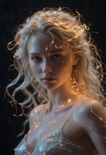 An exquisite European marble translucent sculpture of a beautiful woman. crafted such Her features are delicately rendered, with soft, flowing curls cascading down her back and a demure smile playing on her lips. However, ((what sets this sculpture apart is the striking contrast between the flawless, glowing marble skin and the network of sparks lightning that run through it, as if the very stone itself is made from Glowing Lava. The electrifying cracks appear to emanate from the woman's heart, tracing a network across her chest, down her arms, and across her face, adding a sense of depth and emotion to the sculpture. As well as the glowneon cracks, the marble glows with an ethereal lightning, as if it were alive and breathing.))