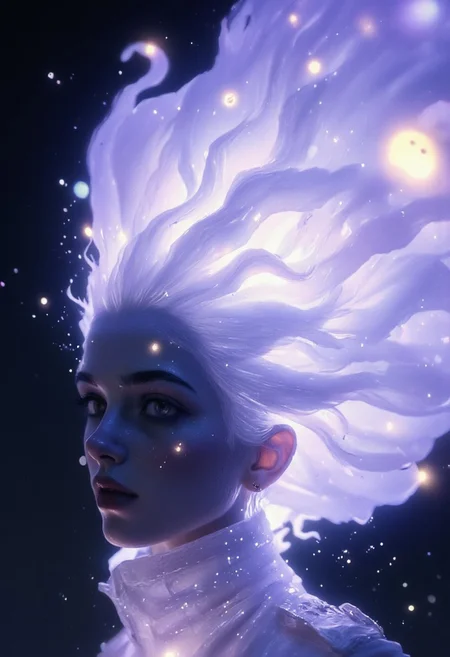 Extreme Face Closeup, A hyperrealistic Closeup Portrait, cinematic close-up of an ethereal ghostly woman, wearing a White high-collar military parka. Her face is pale and haunting, her eyes glowing faintly with supernatural energy. Her hair transitions into a ghostly billowing translucent purple mane, floating upwards in a swirling, ethereal flow, as if made of spectral mist. The strands of her hair defy gravity, wafting like smoke towards the sky, adding a mystical aura around her. Her eyes are shaded By the Ethereal Hair,
Small, illuminated cute ghosts float around her, amplifying her otherworldly presence. The deep blacks of the environment contrast starkly with the radiant white of her hair, while faint, glowing runes are etched into her parka, pulsing with dark, magical energy. The atmospheric haze intensifies the contrast between the dark, shadowy surroundings and the glowing elements on her face. The scene feels charged with necromantic power, her ghostly essence on the verge of unleashing a burst of supernatural force. The raw emotion and power emanating from her create a striking, eerie visual in this sci-fi fantasy setting.