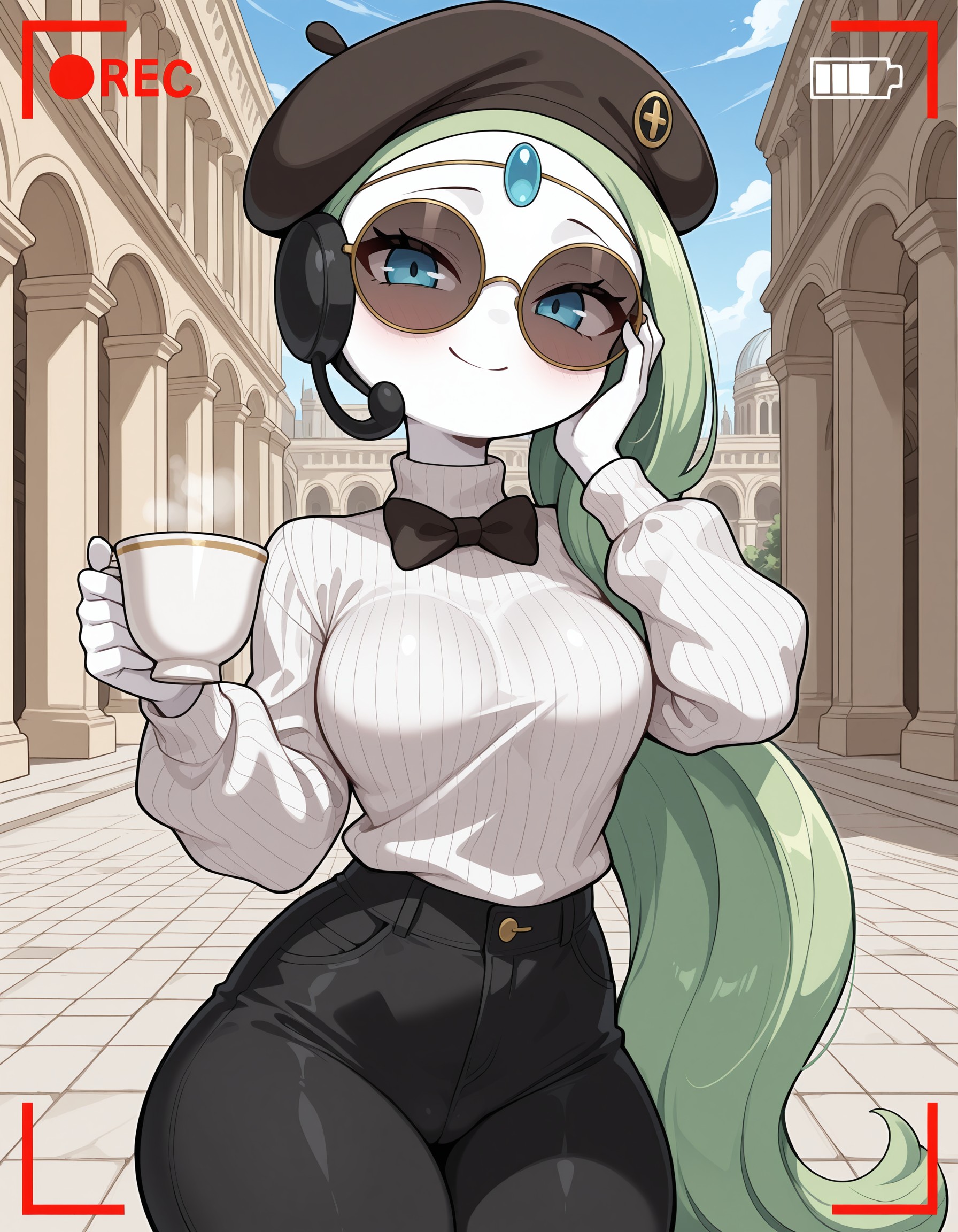 masterpiece, best quality, amazing quality, very detailed, newest, no humans, WnMltt, white skin, forehead gem, green hair, blue eyes, pokemon \(creature\), 1girl, anthro, celebrity, (camera flashes), bowtie, casual clothes, beret, round glasses, (sunglasses), holding a cup of coffee, white sweater, black pants, (solo), hand at face, outdoors, rome, italy, classic architecture, (recording overlay), smile, <lora:4cccbc02-2bd2-4623-a661-feb02be03f0c:0.9>