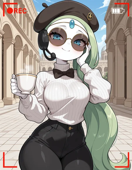 masterpiece, best quality, amazing quality, very detailed, newest, no humans, WnMltt, white skin, forehead gem, green hair, blue eyes, pokemon \(creature\), 1girl, anthro, celebrity, (camera flashes), bowtie, casual clothes, beret, round glasses, (sunglasses), holding a cup of coffee, white sweater, black pants, (solo), hand at face, outdoors, rome, italy, classic architecture, (recording overlay), smile, <lora:4cccbc02-2bd2-4623-a661-feb02be03f0c:0.9>